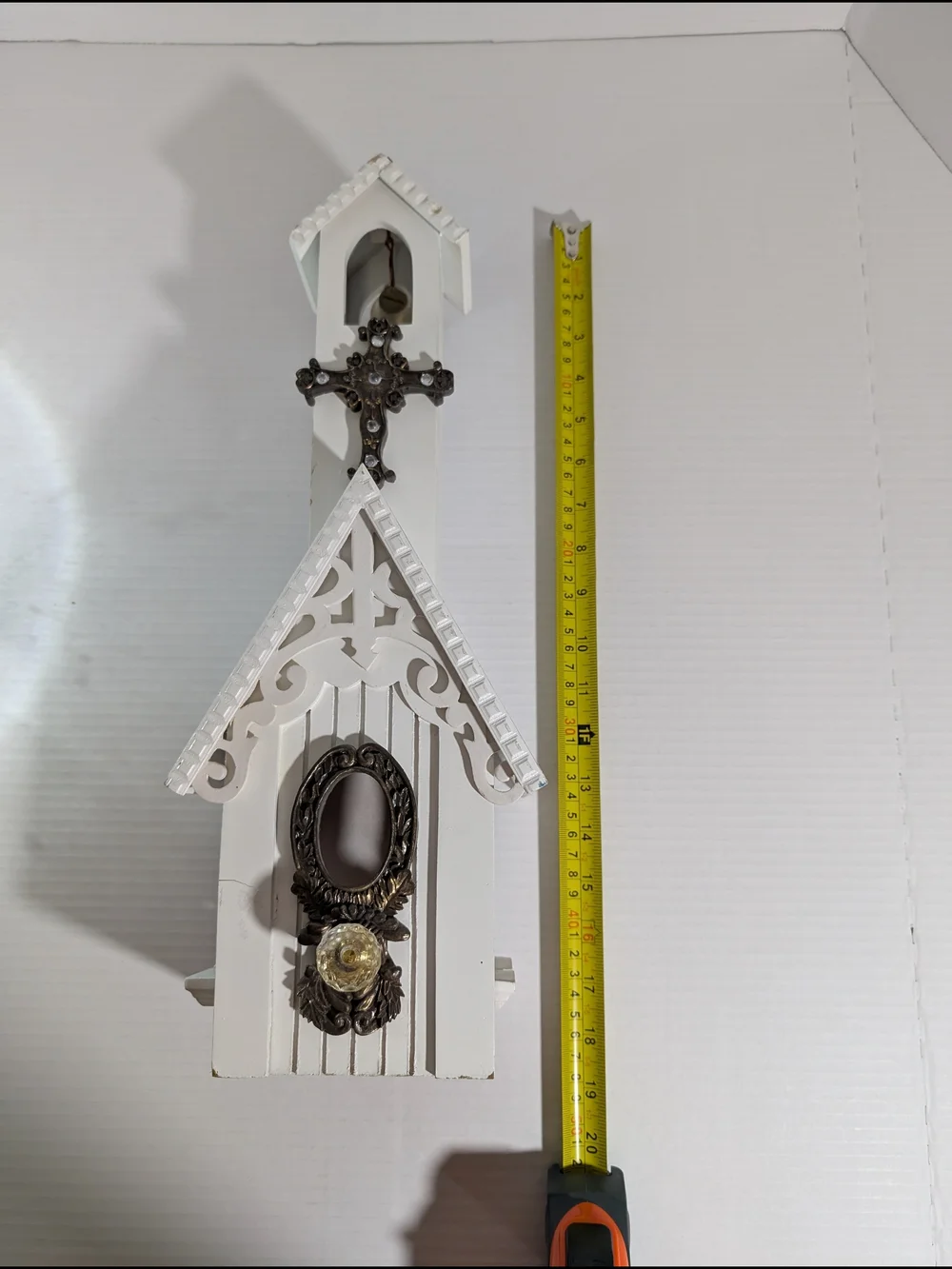 White Decorative Church Wall Accent with Bronze Cross and Bell